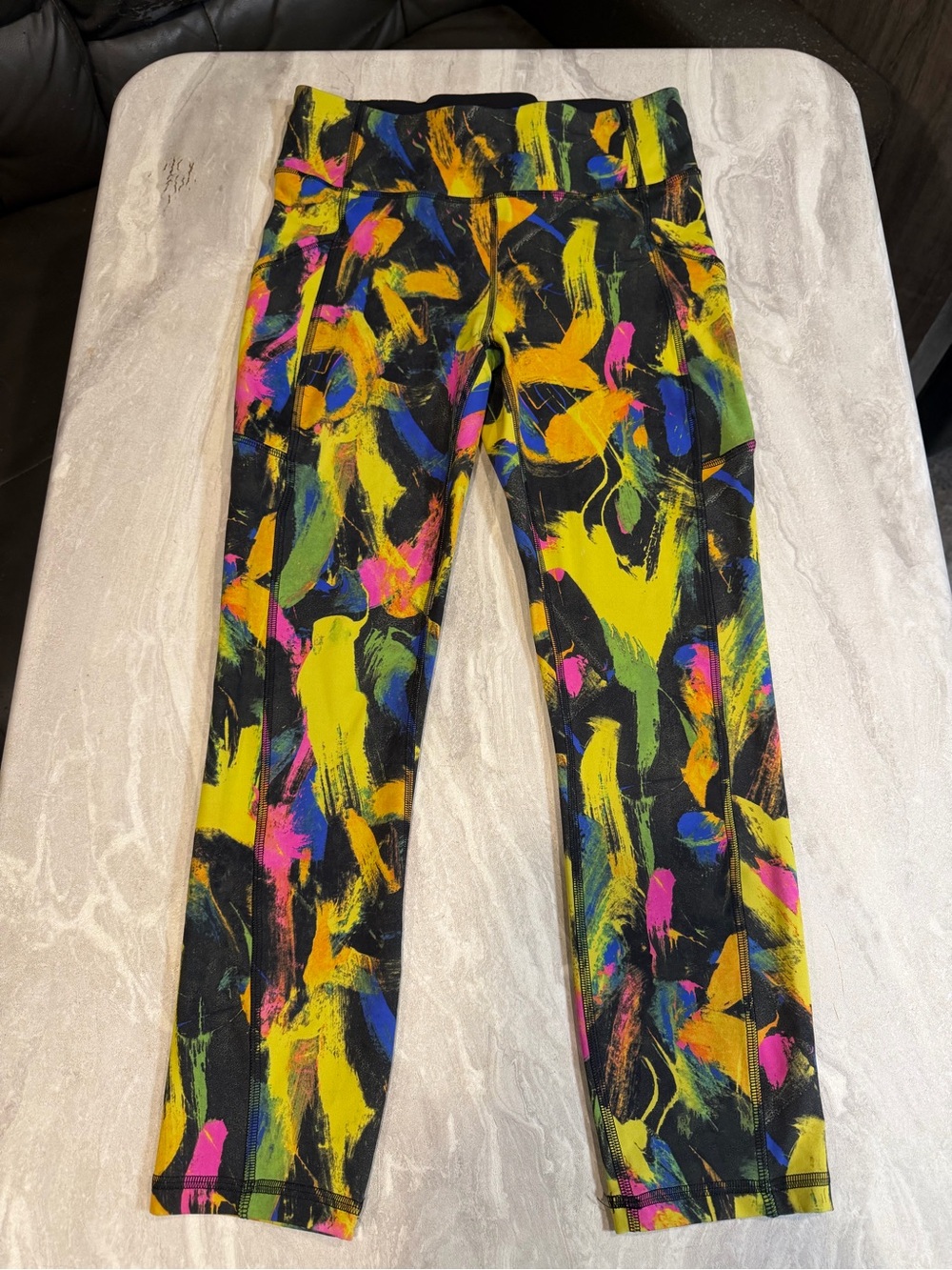 Colorful Brushstroke Leggings - Black with Neon Accents